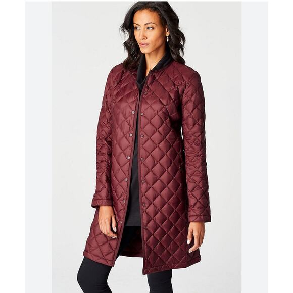 J. Jill Quilted Down Long Line Jacket Side Snap Burgundy Womens Medium Petite - Picture 1 of 7